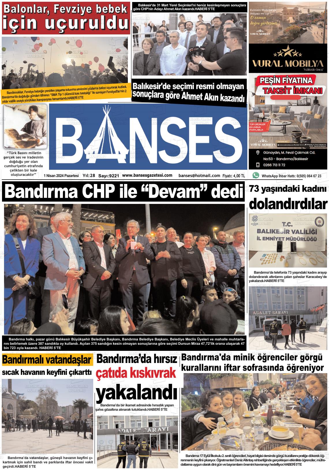 01 Nisan 2024 Banses Gazete Manşeti