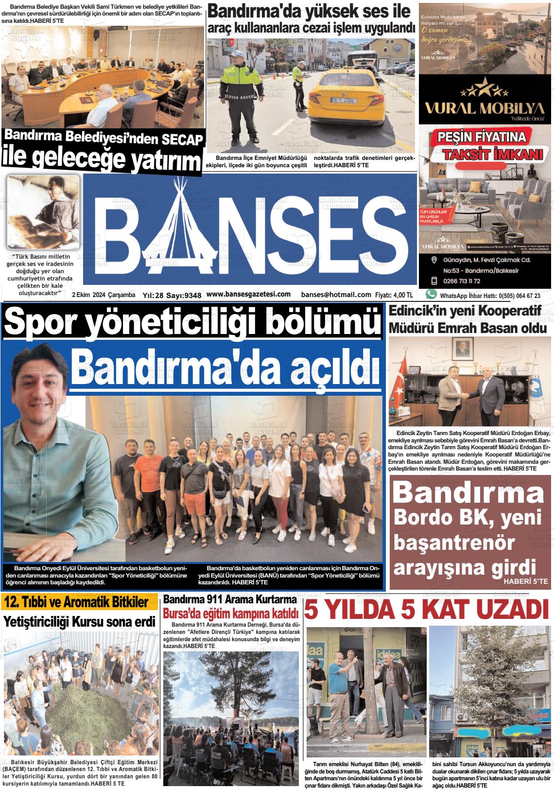 02 Ekim 2024 Banses Gazete Manşeti