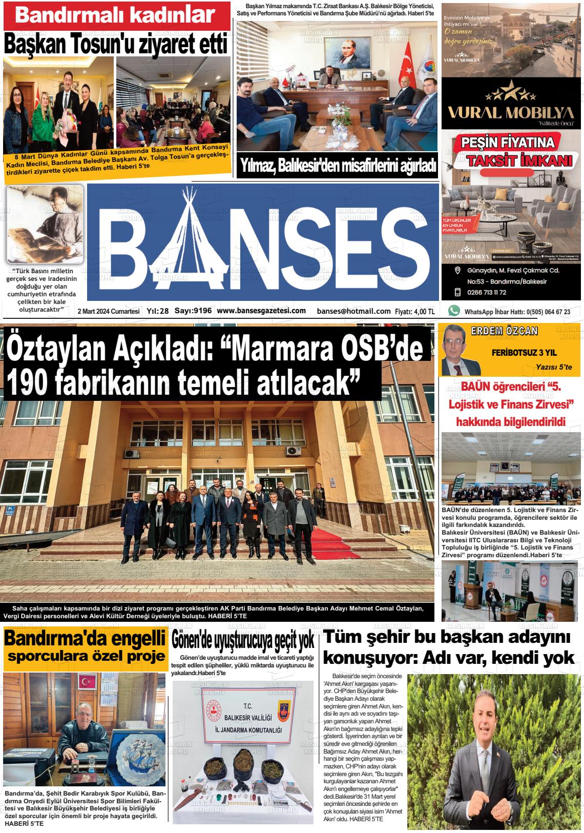 02 Mart 2024 Banses Gazete Manşeti