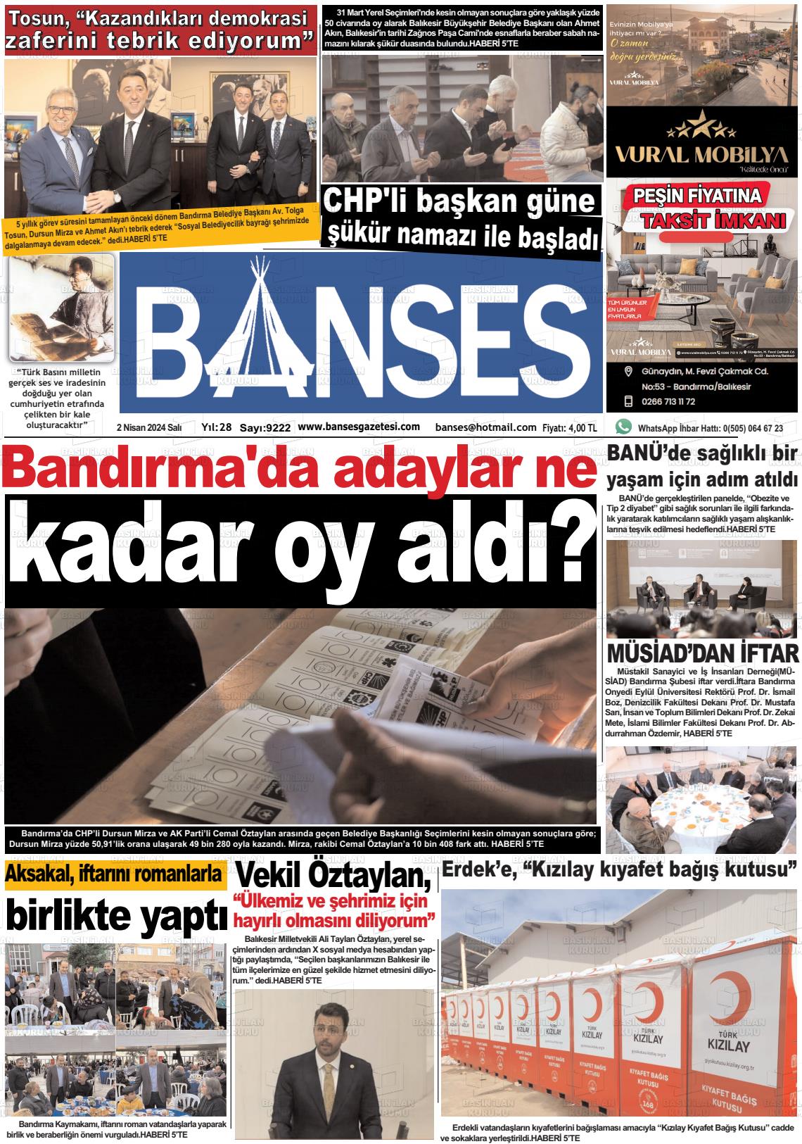 02 Nisan 2024 Banses Gazete Manşeti