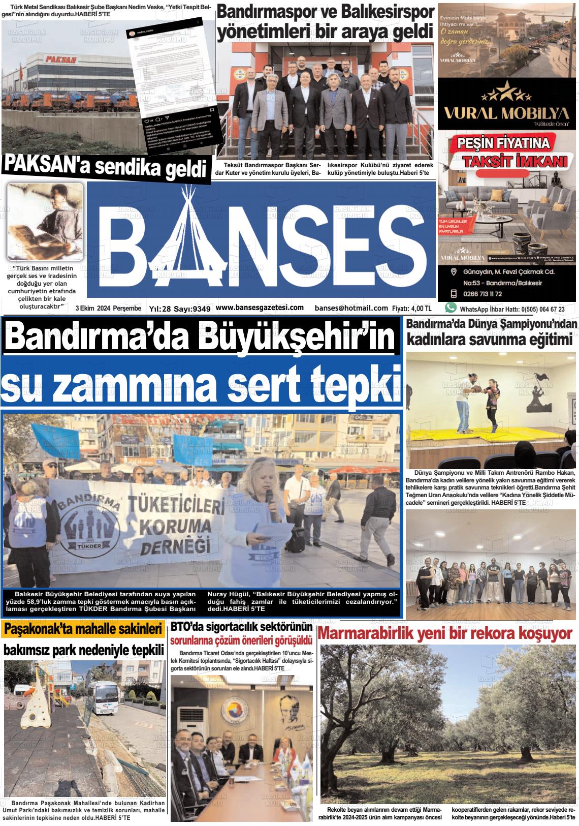 03 Ekim 2024 Banses Gazete Manşeti