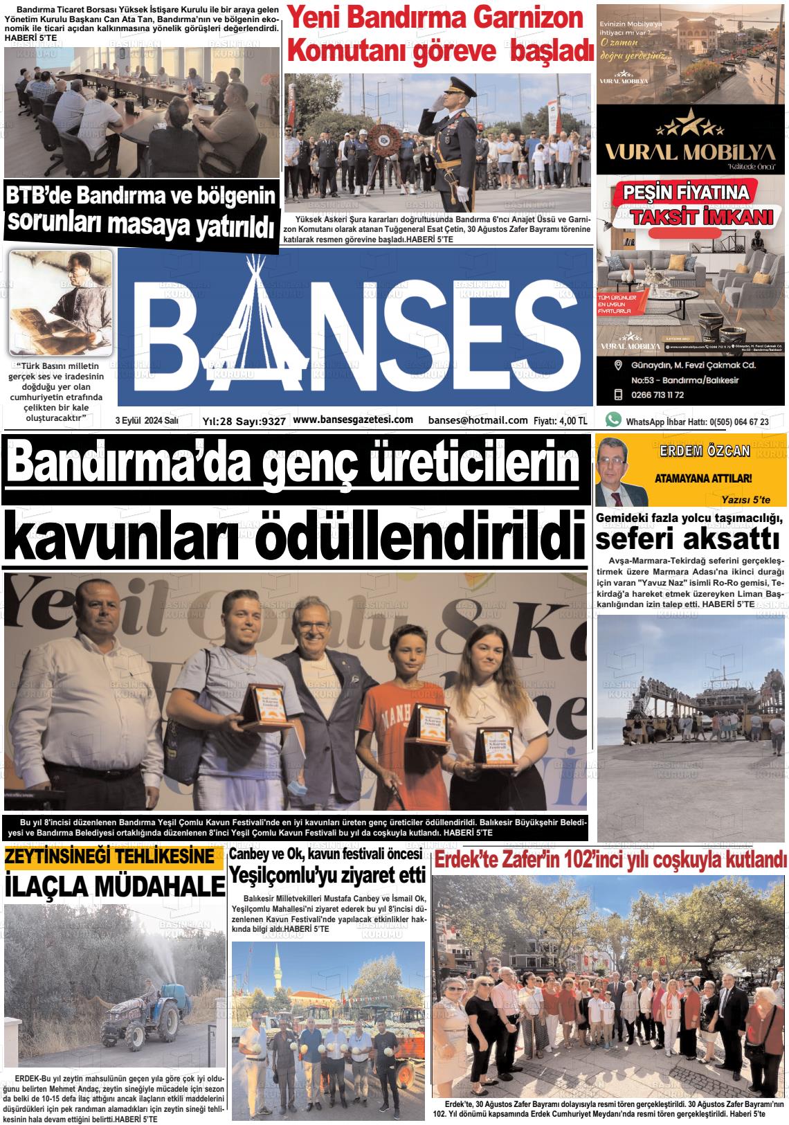 03 Eylül 2024 Banses Gazete Manşeti