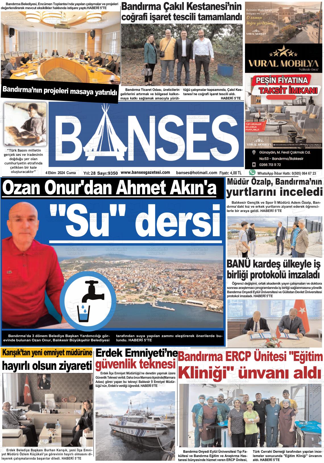 04 Ekim 2024 Banses Gazete Manşeti