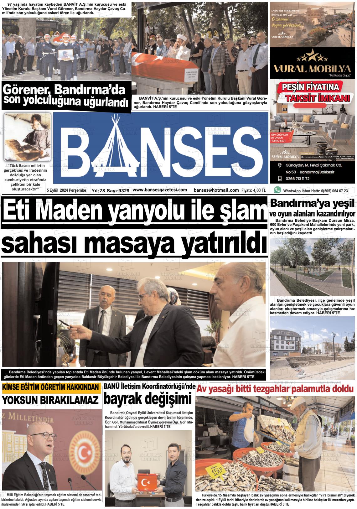 05 Eylül 2024 Banses Gazete Manşeti