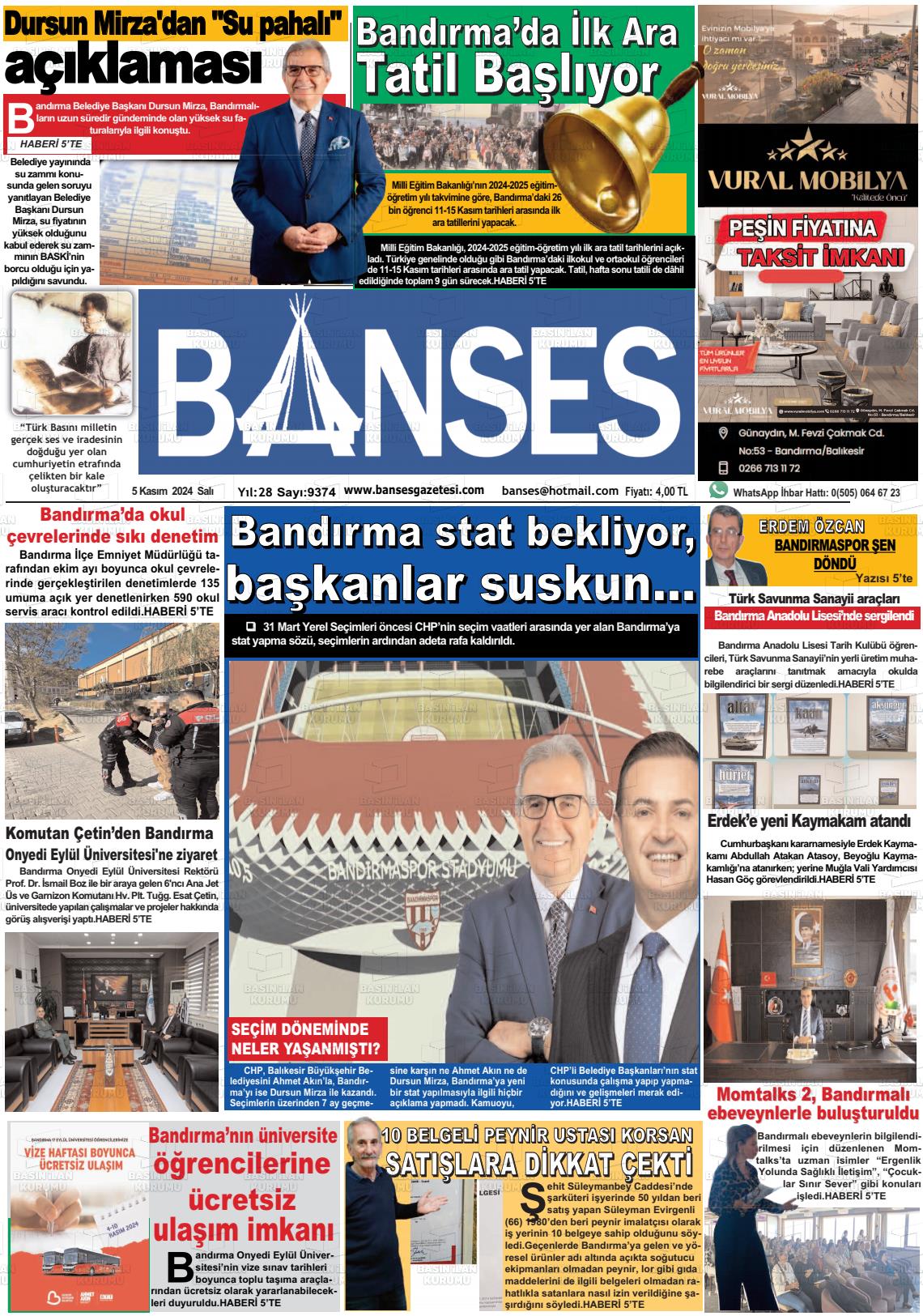 05 Kasım 2024 Banses Gazete Manşeti