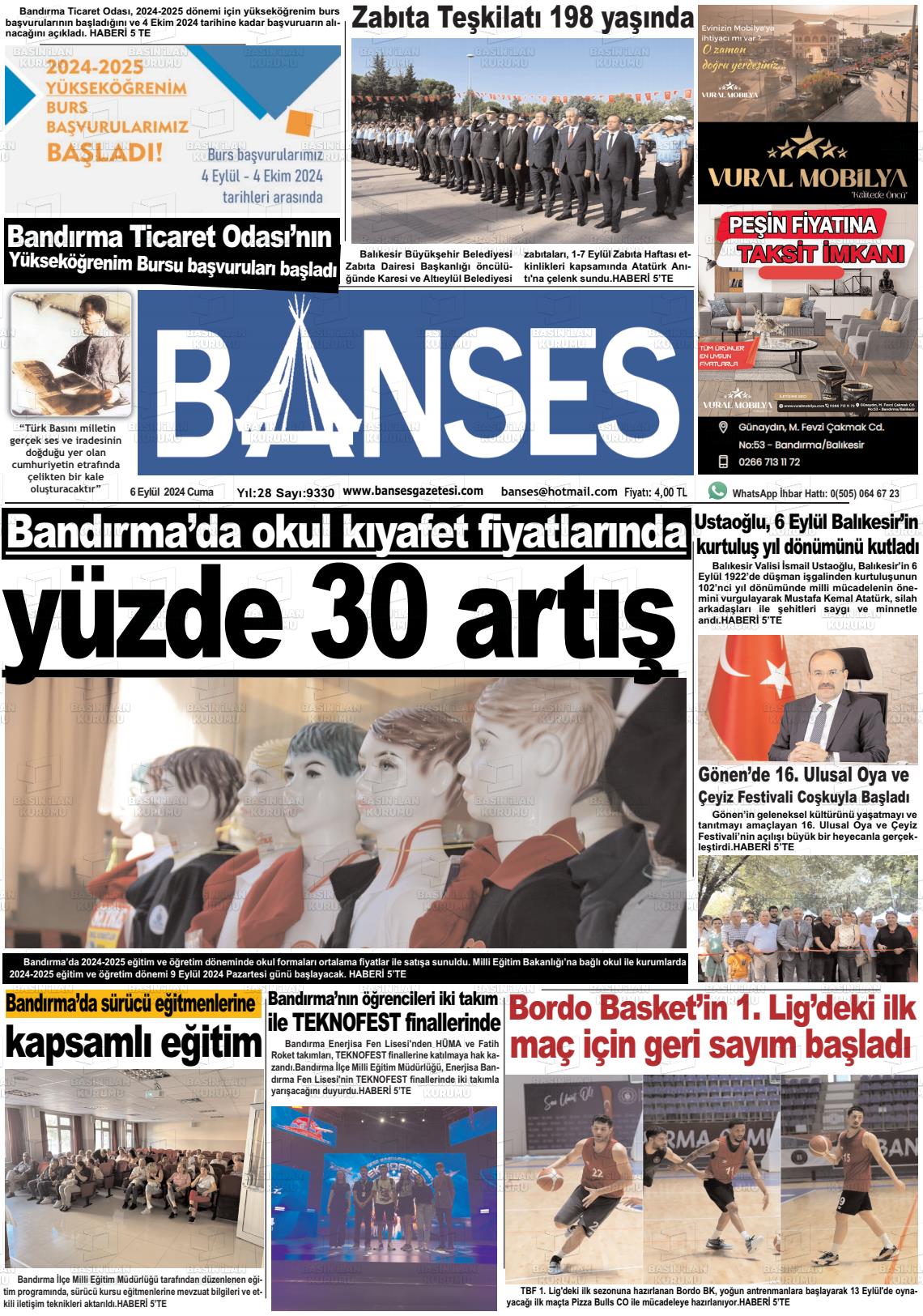 06 Eylül 2024 Banses Gazete Manşeti