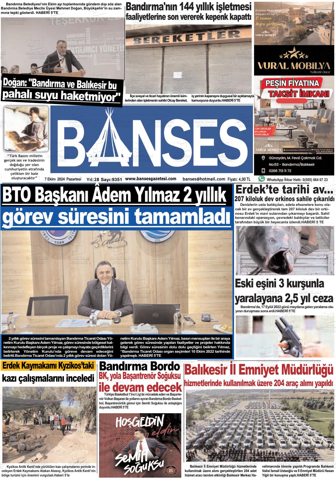 07 Ekim 2024 Banses Gazete Manşeti