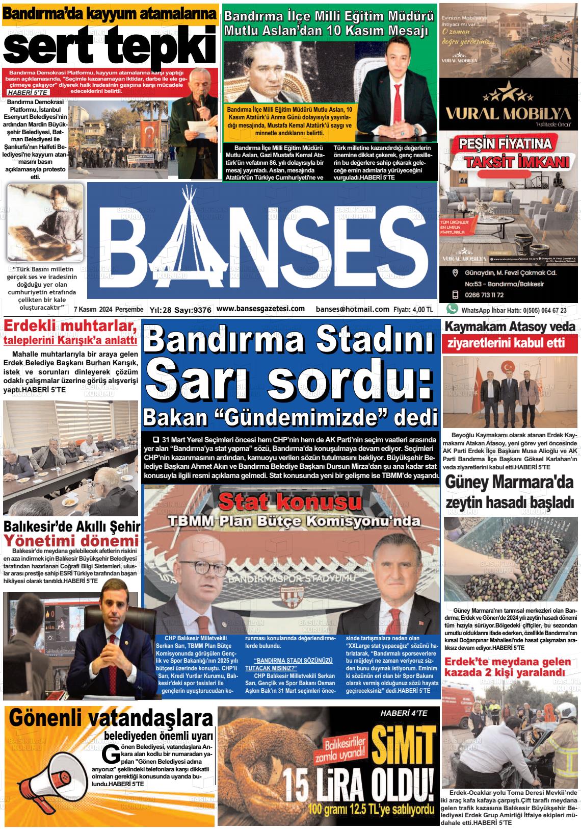 07 Kasım 2024 Banses Gazete Manşeti