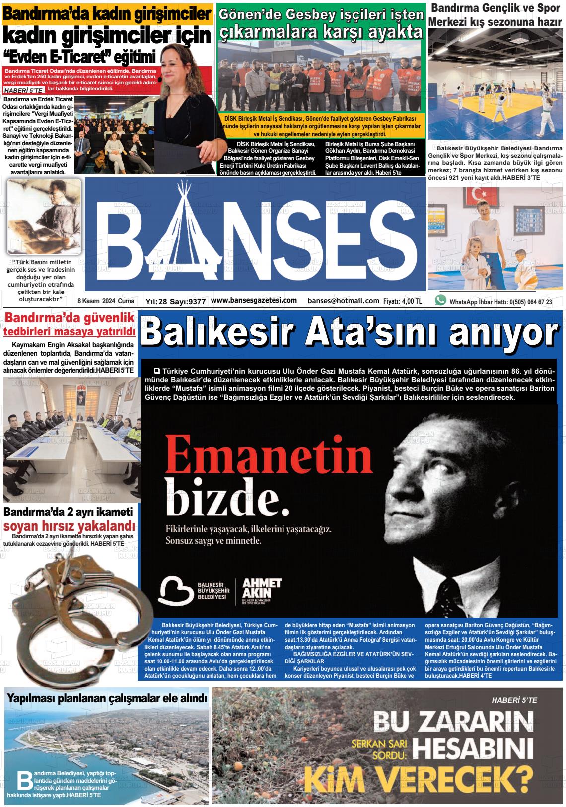 08 Kasım 2024 Banses Gazete Manşeti