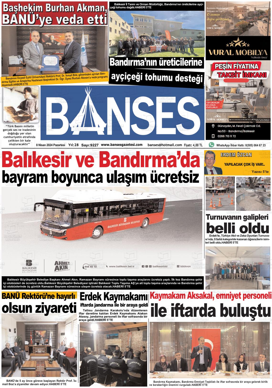 08 Nisan 2024 Banses Gazete Manşeti