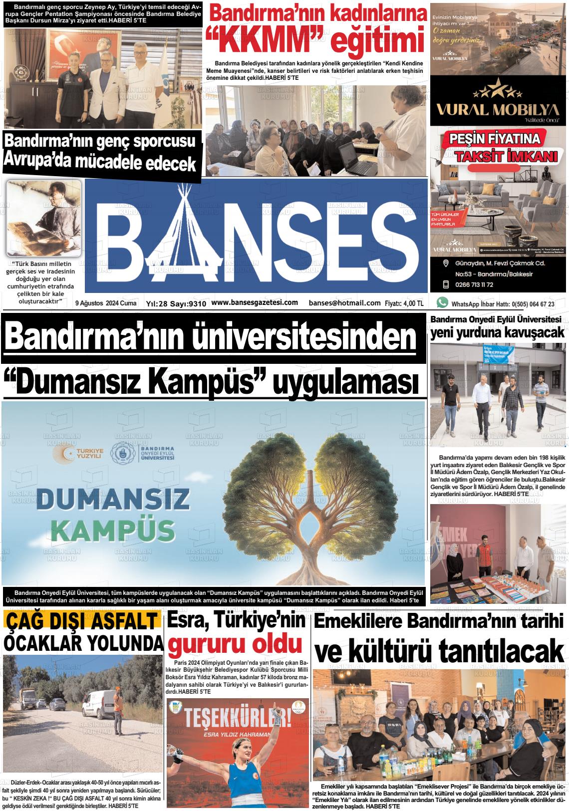 09 Ağustos 2024 Banses Gazete Manşeti