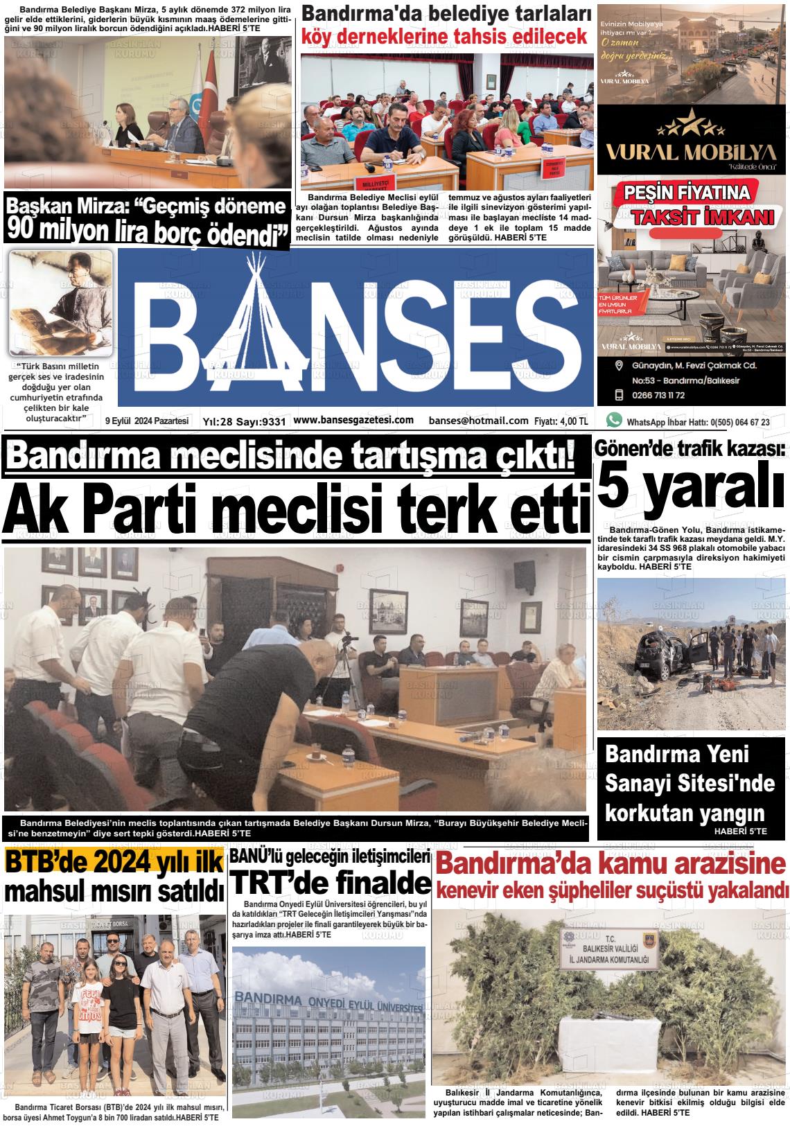 09 Eylül 2024 Banses Gazete Manşeti