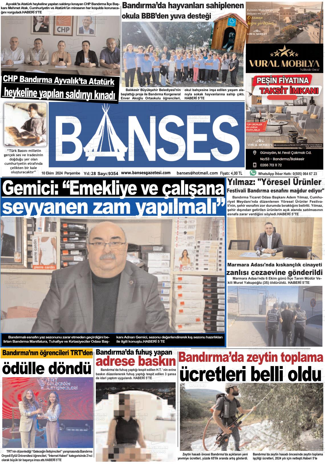 10 Ekim 2024 Banses Gazete Manşeti