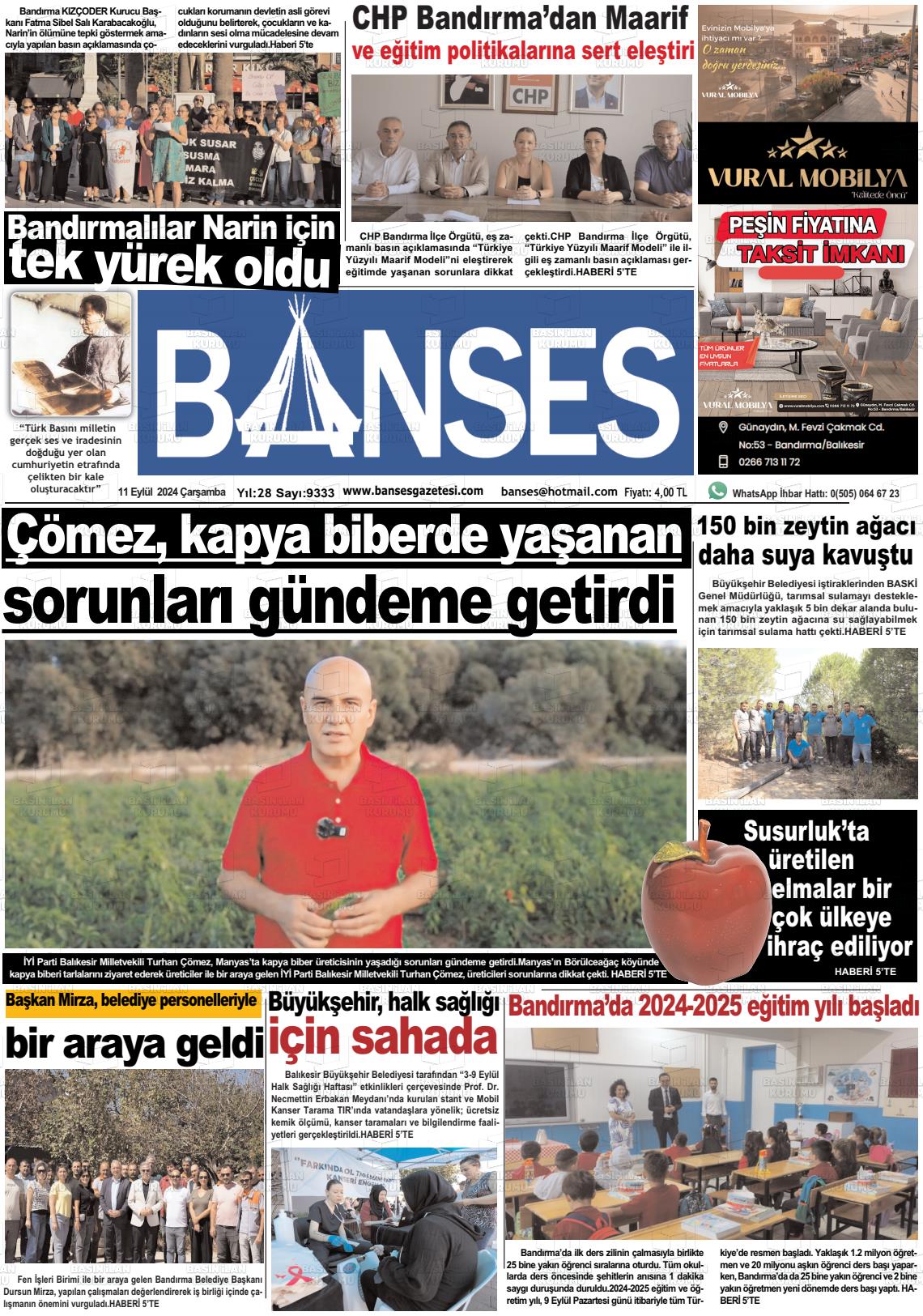 11 Eylül 2024 Banses Gazete Manşeti