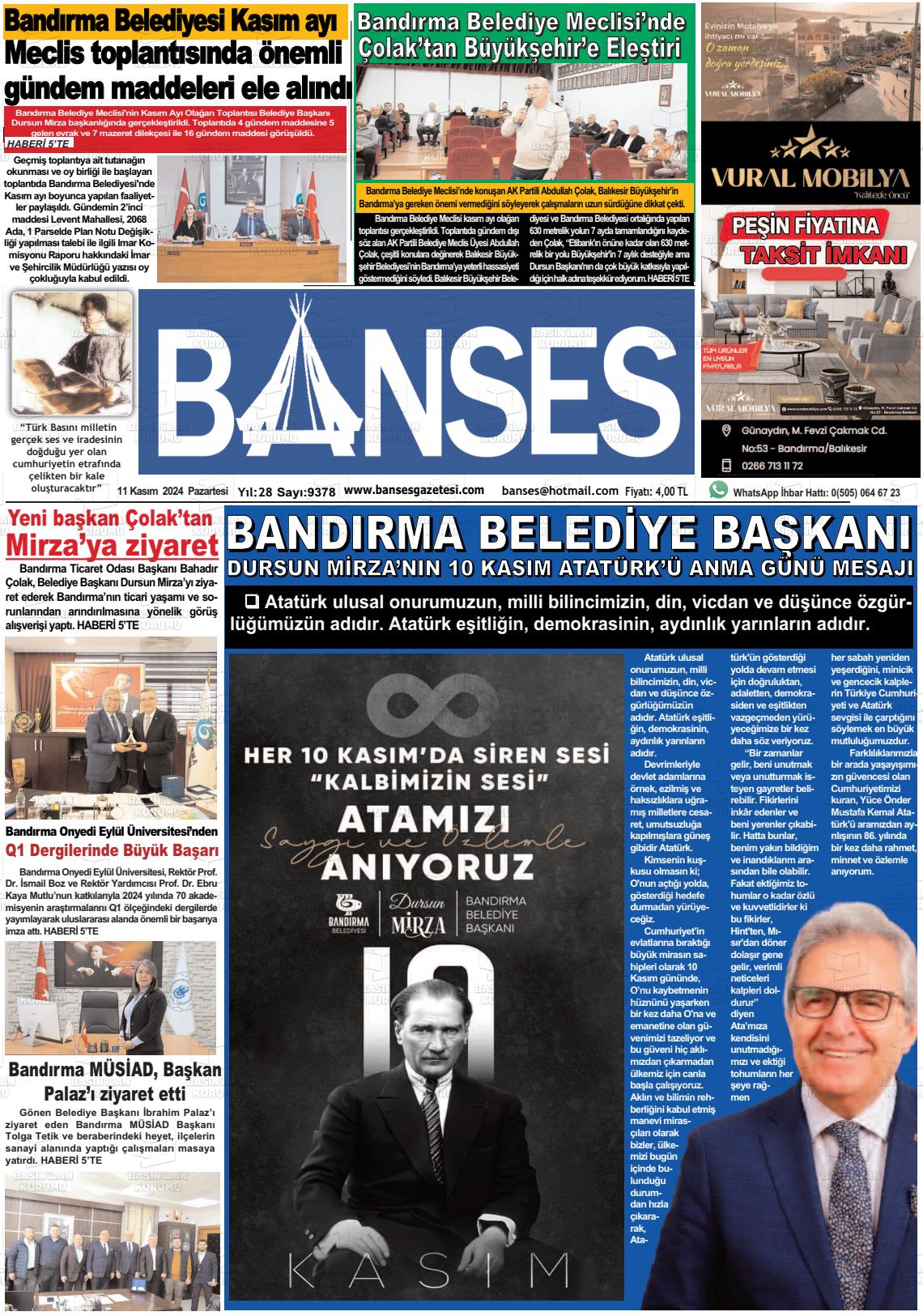 11 Kasım 2024 Banses Gazete Manşeti