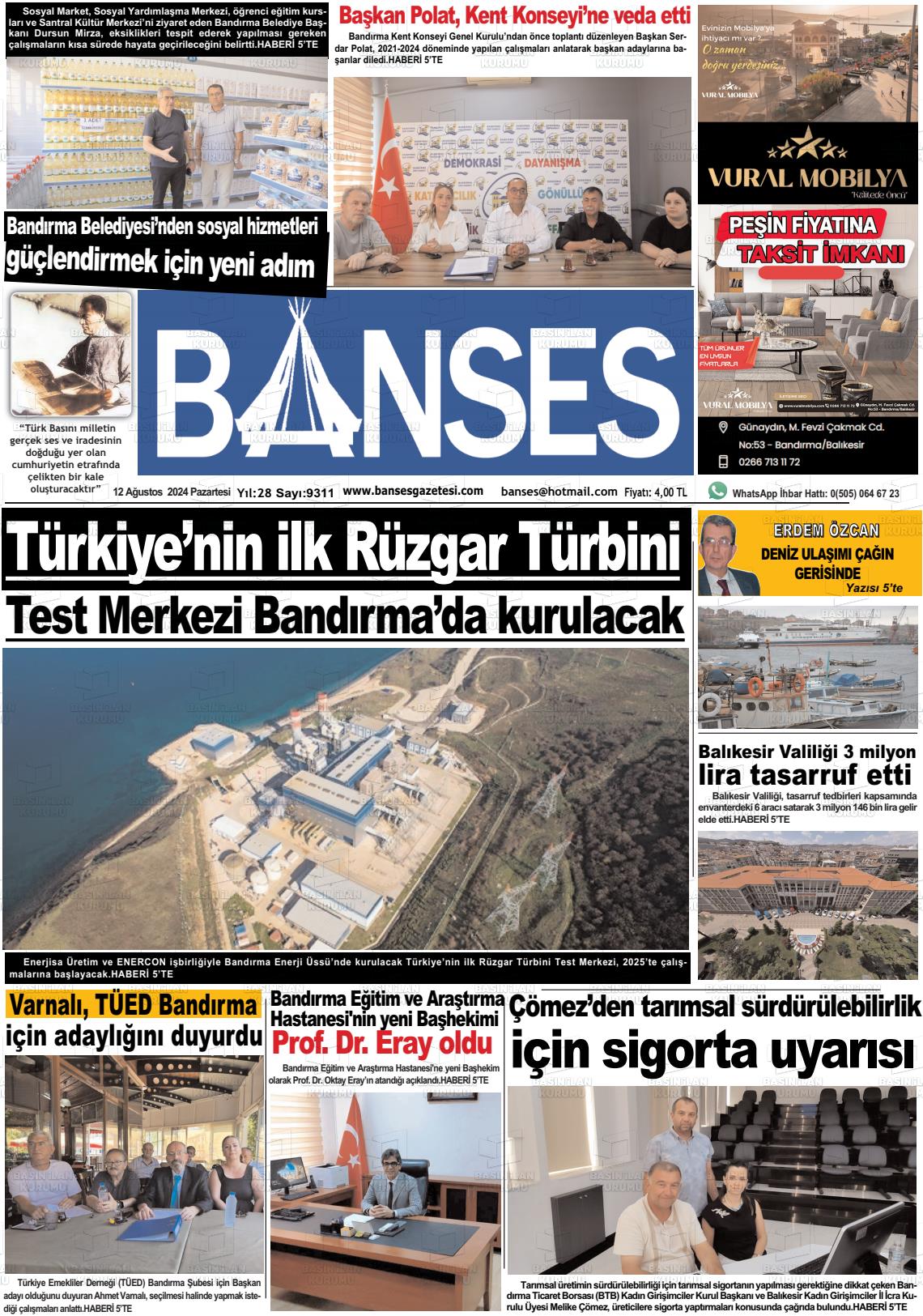 12 Ağustos 2024 Banses Gazete Manşeti