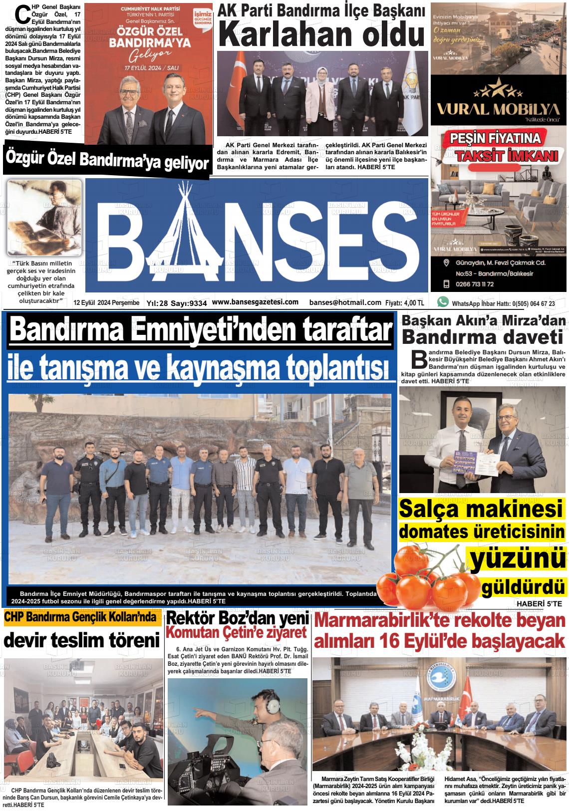 12 Eylül 2024 Banses Gazete Manşeti