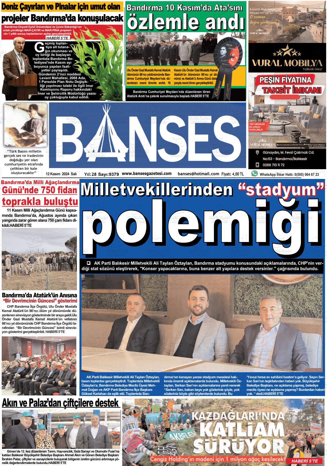 12 Kasım 2024 Banses Gazete Manşeti