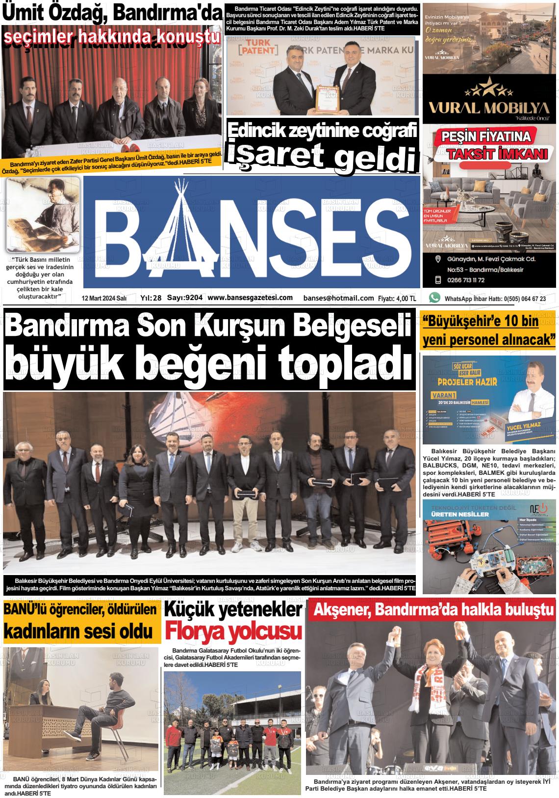 12 Mart 2024 Banses Gazete Manşeti