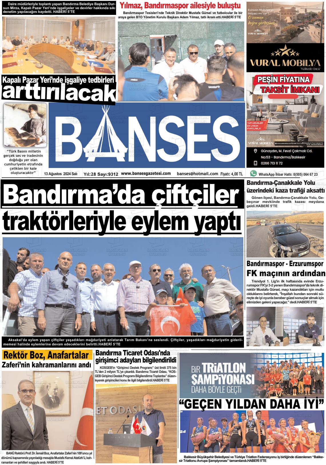 13 Ağustos 2024 Banses Gazete Manşeti