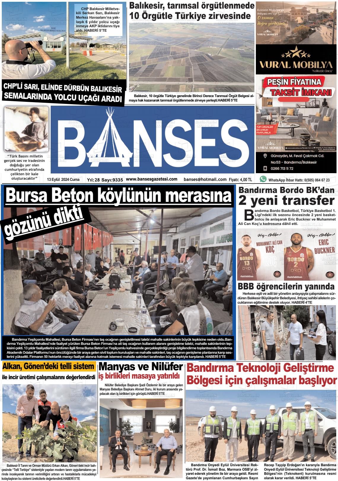 13 Eylül 2024 Banses Gazete Manşeti