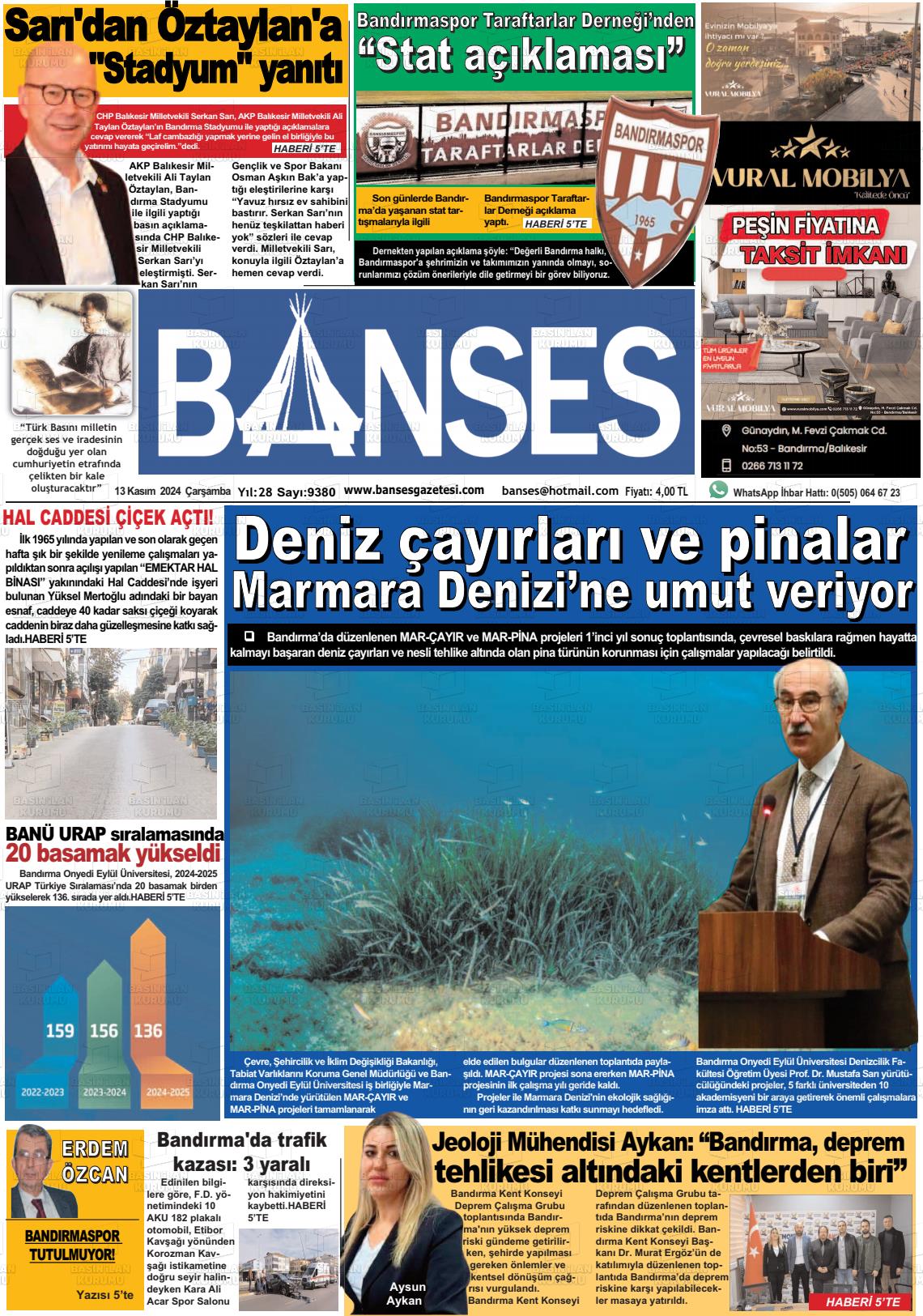 13 Kasım 2024 Banses Gazete Manşeti