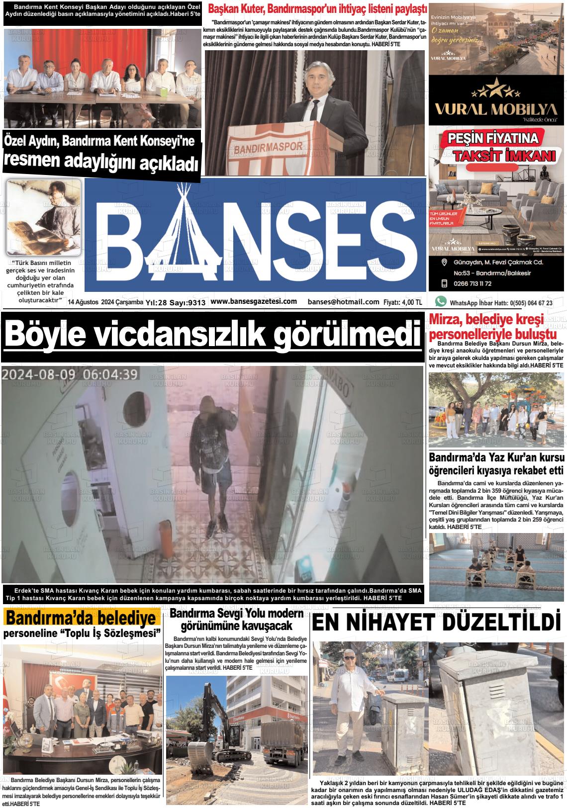 14 Ağustos 2024 Banses Gazete Manşeti