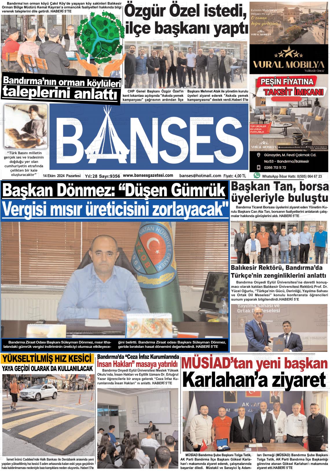 14 Ekim 2024 Banses Gazete Manşeti