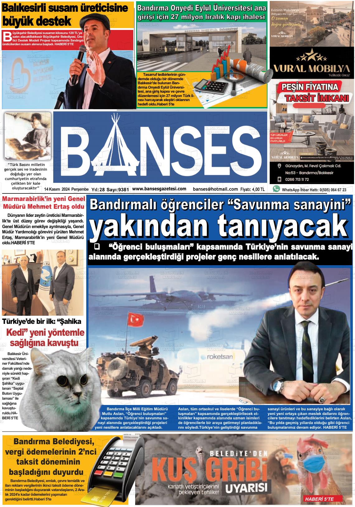 14 Kasım 2024 Banses Gazete Manşeti