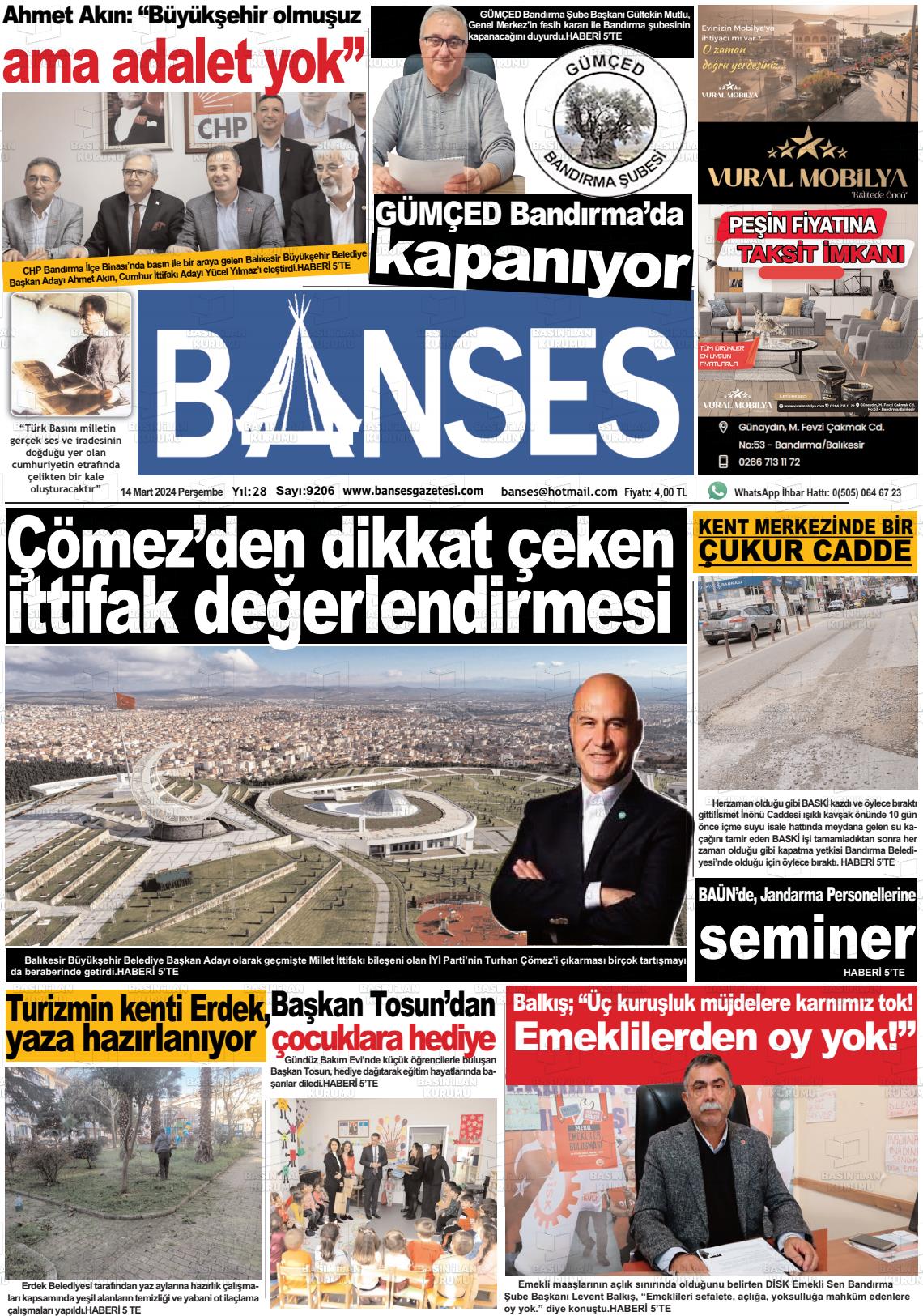 14 Mart 2024 Banses Gazete Manşeti