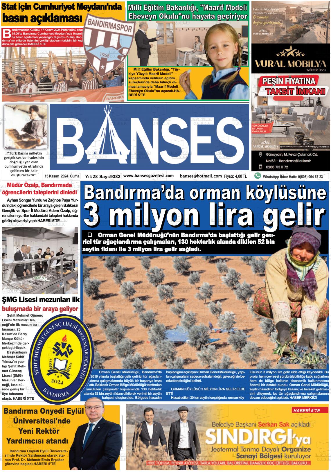 15 Kasım 2024 Banses Gazete Manşeti