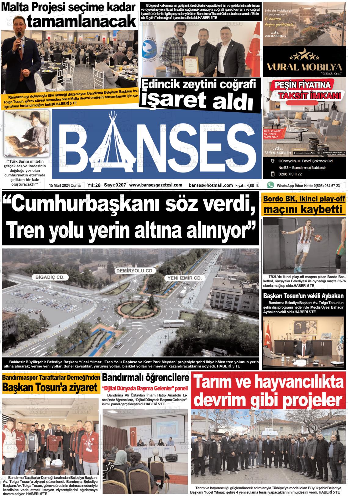 15 Mart 2024 Banses Gazete Manşeti