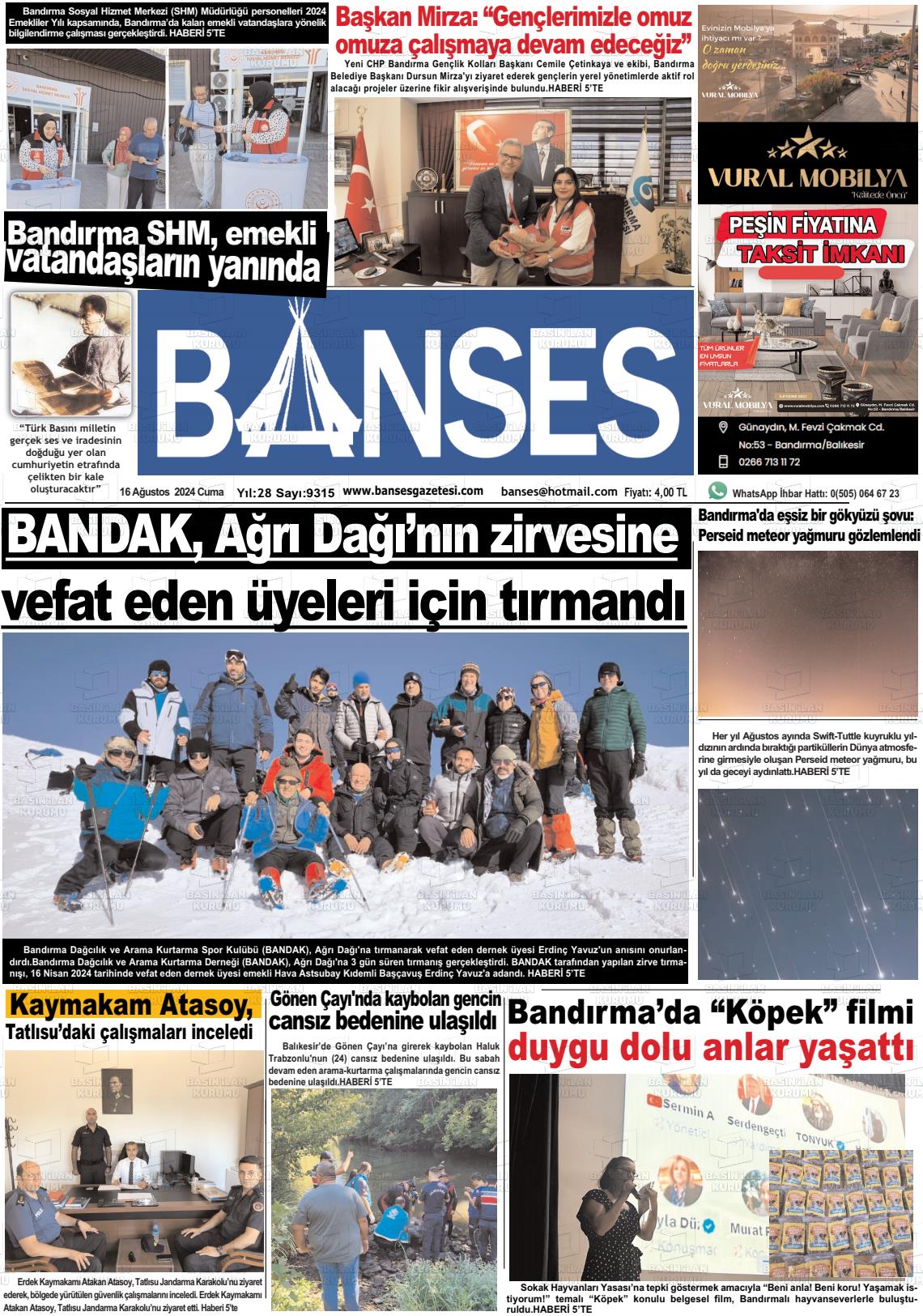 16 Ağustos 2024 Banses Gazete Manşeti