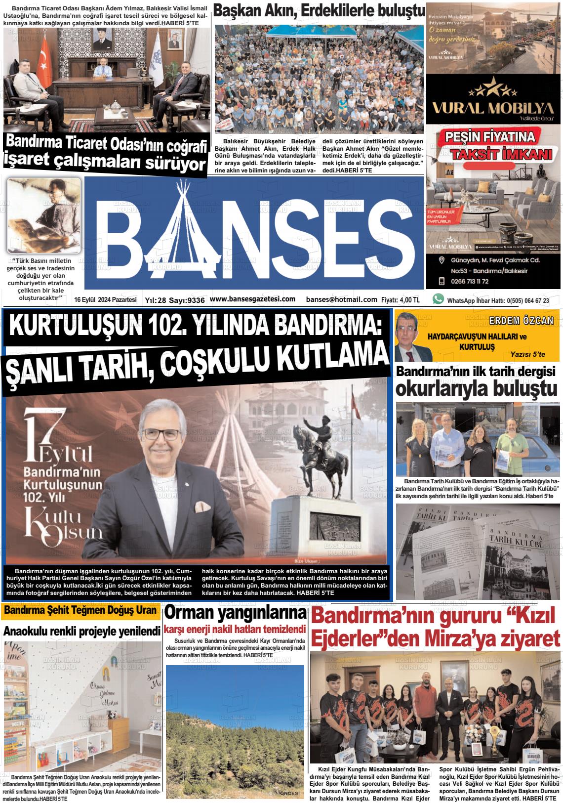 16 Eylül 2024 Banses Gazete Manşeti