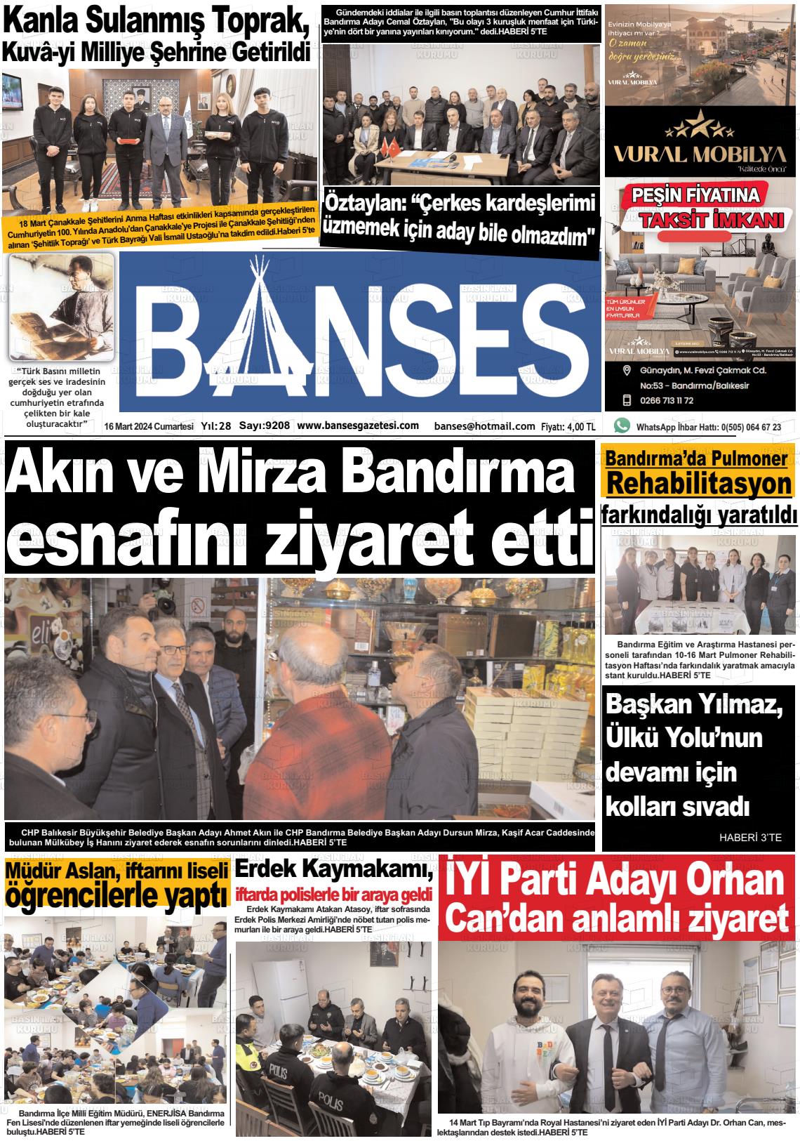 16 Mart 2024 Banses Gazete Manşeti