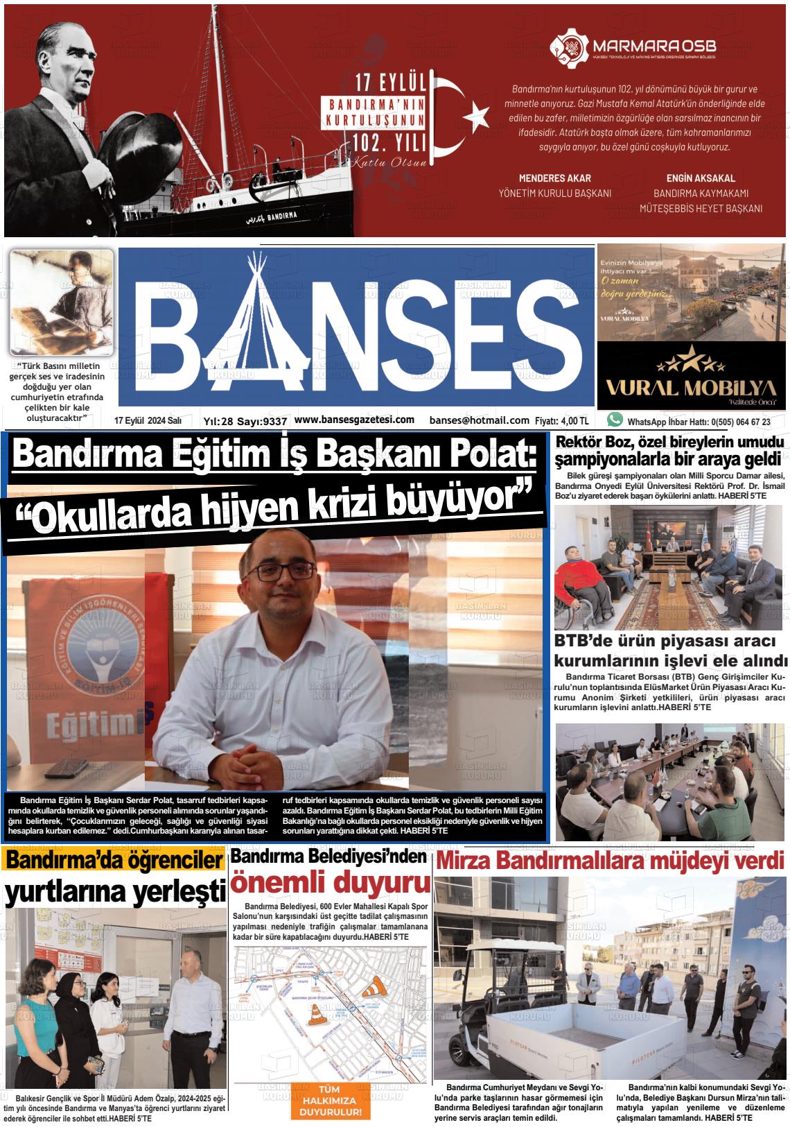 17 Eylül 2024 Banses Gazete Manşeti