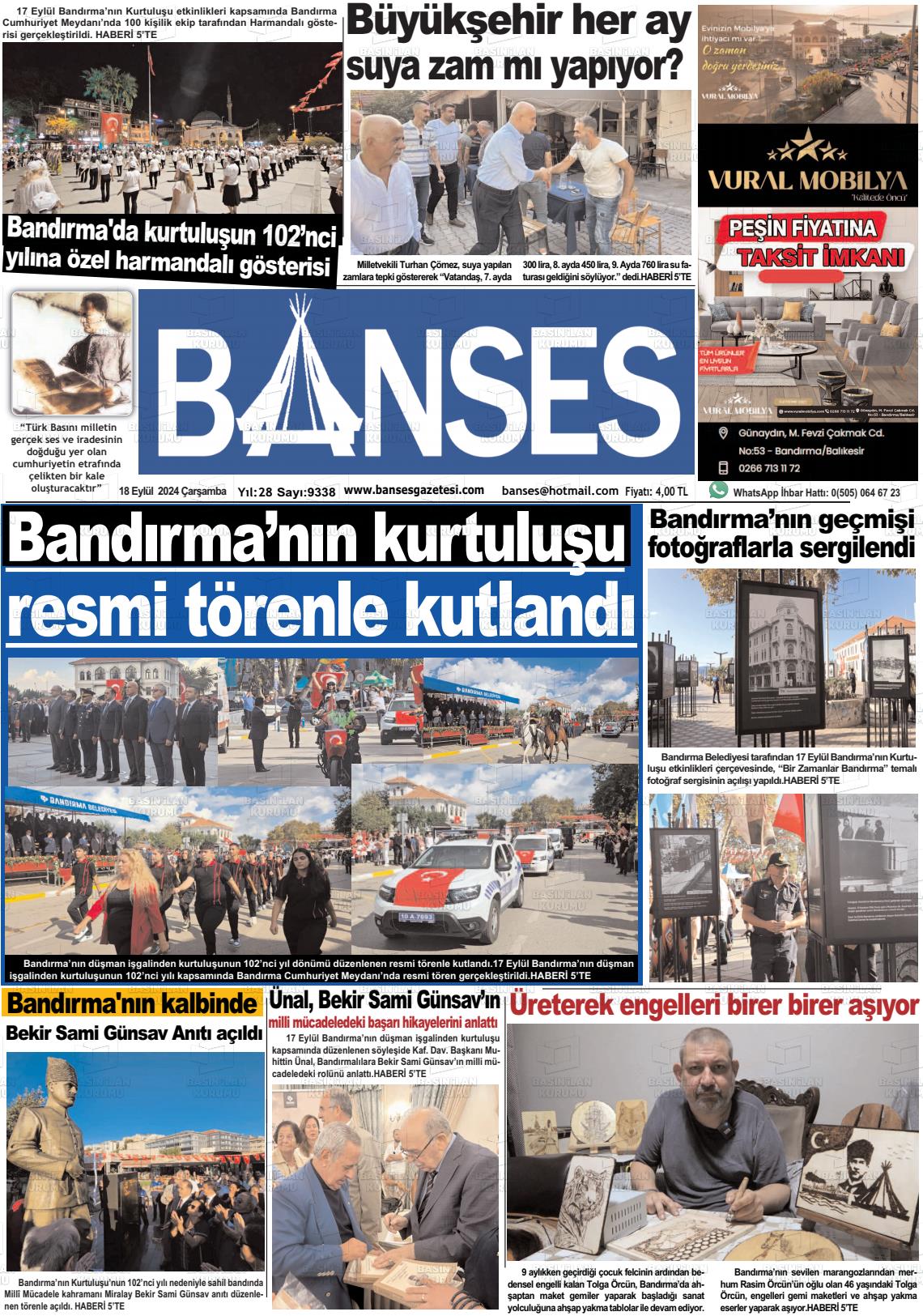 18 Eylül 2024 Banses Gazete Manşeti