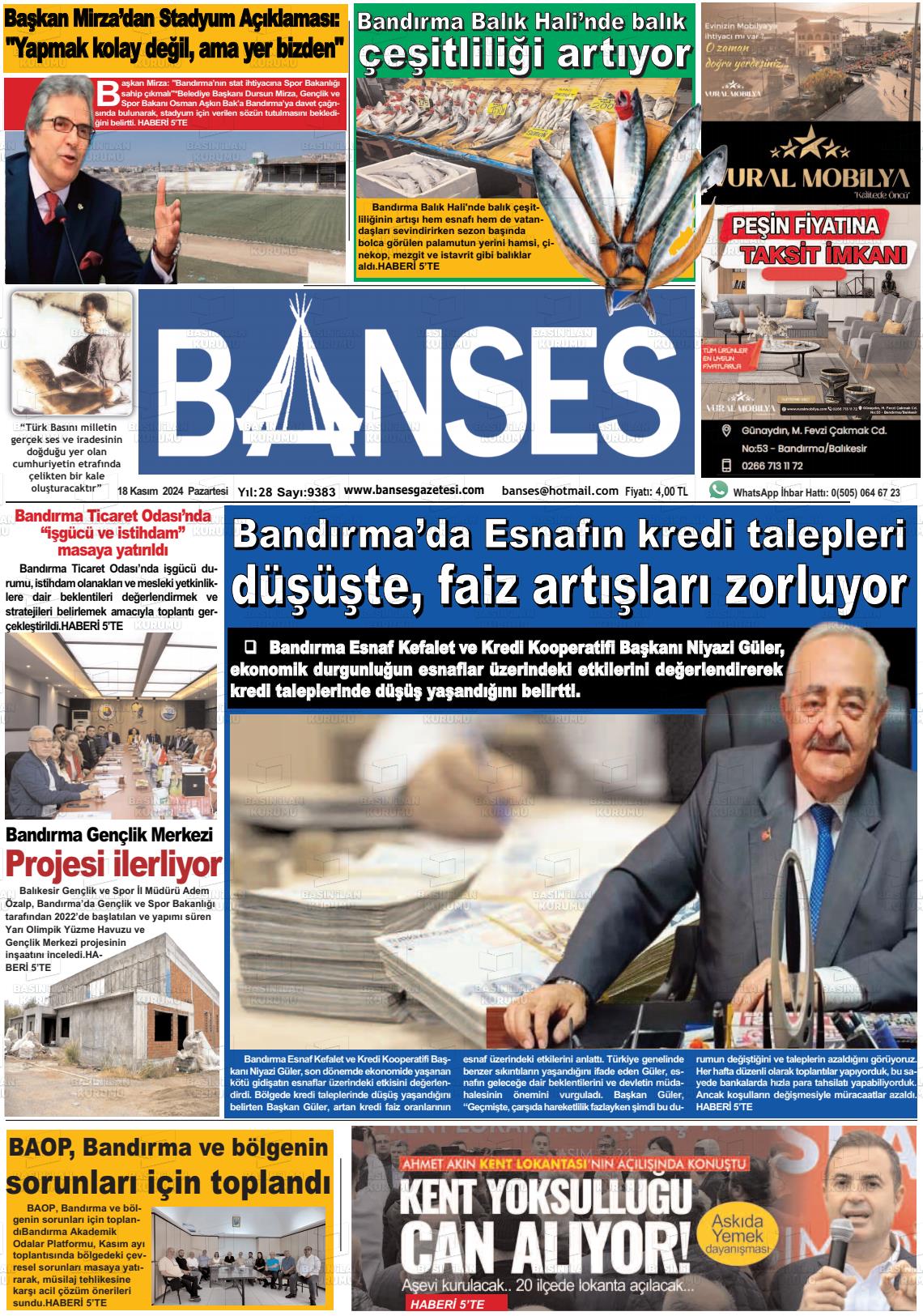 18 Kasım 2024 Banses Gazete Manşeti