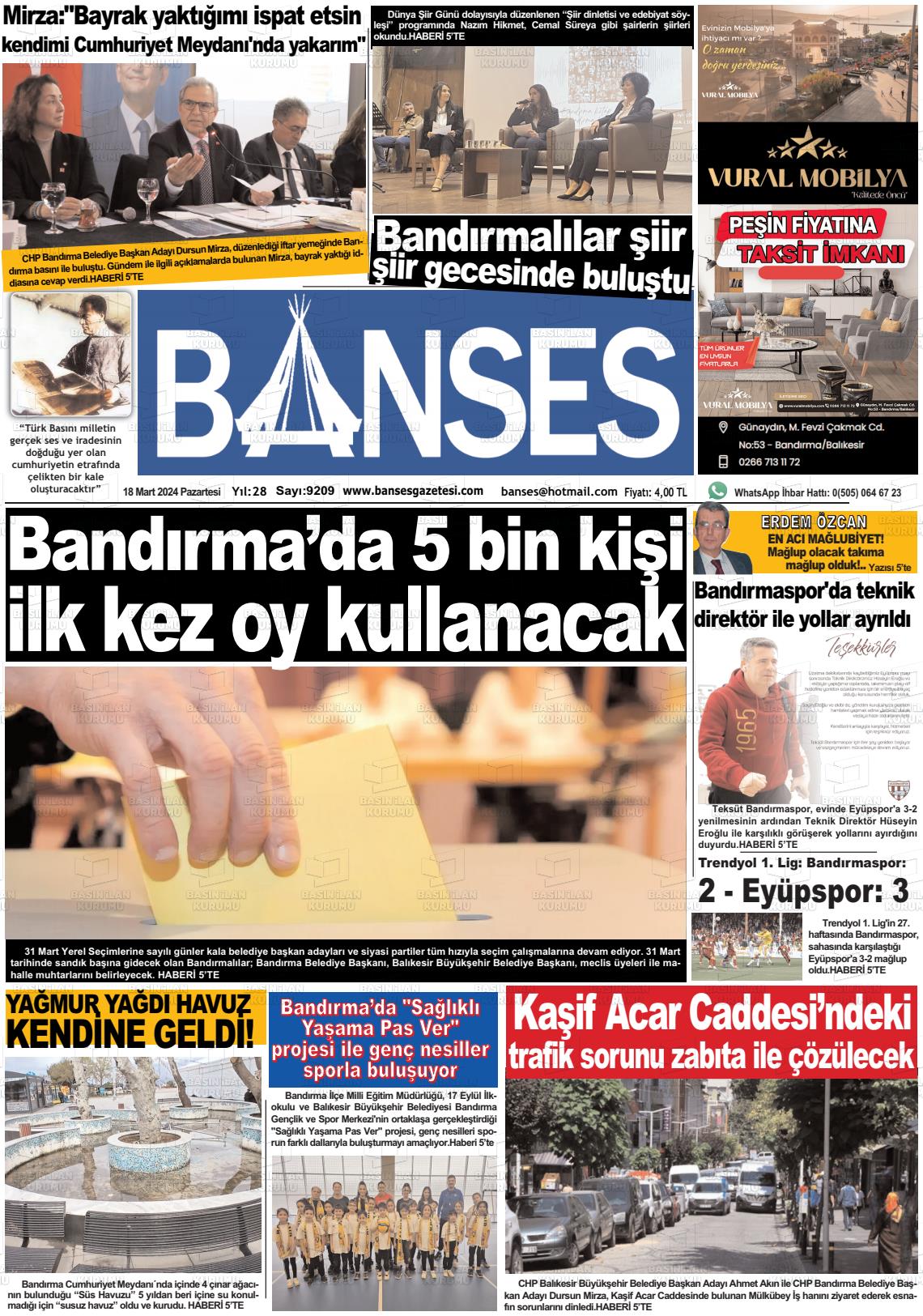 18 Mart 2024 Banses Gazete Manşeti