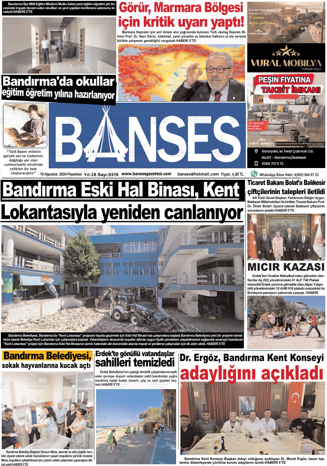 19 Ağustos 2024 Banses Gazete Manşeti