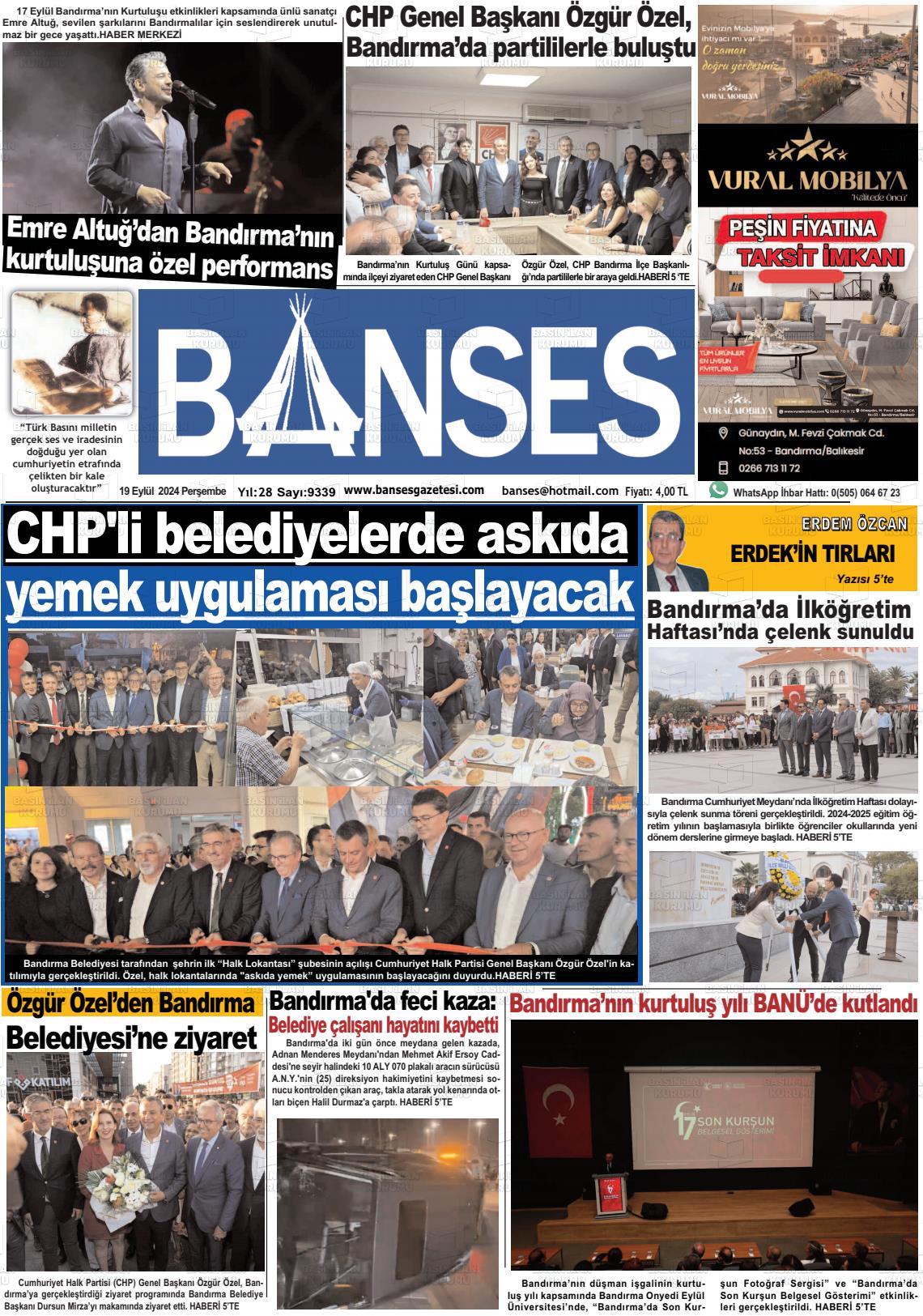 19 Eylül 2024 Banses Gazete Manşeti