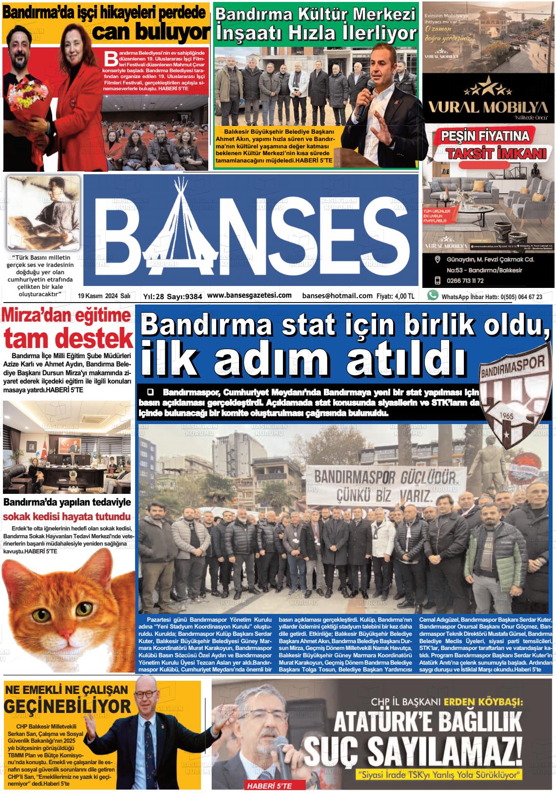 19 Kasım 2024 Banses Gazete Manşeti