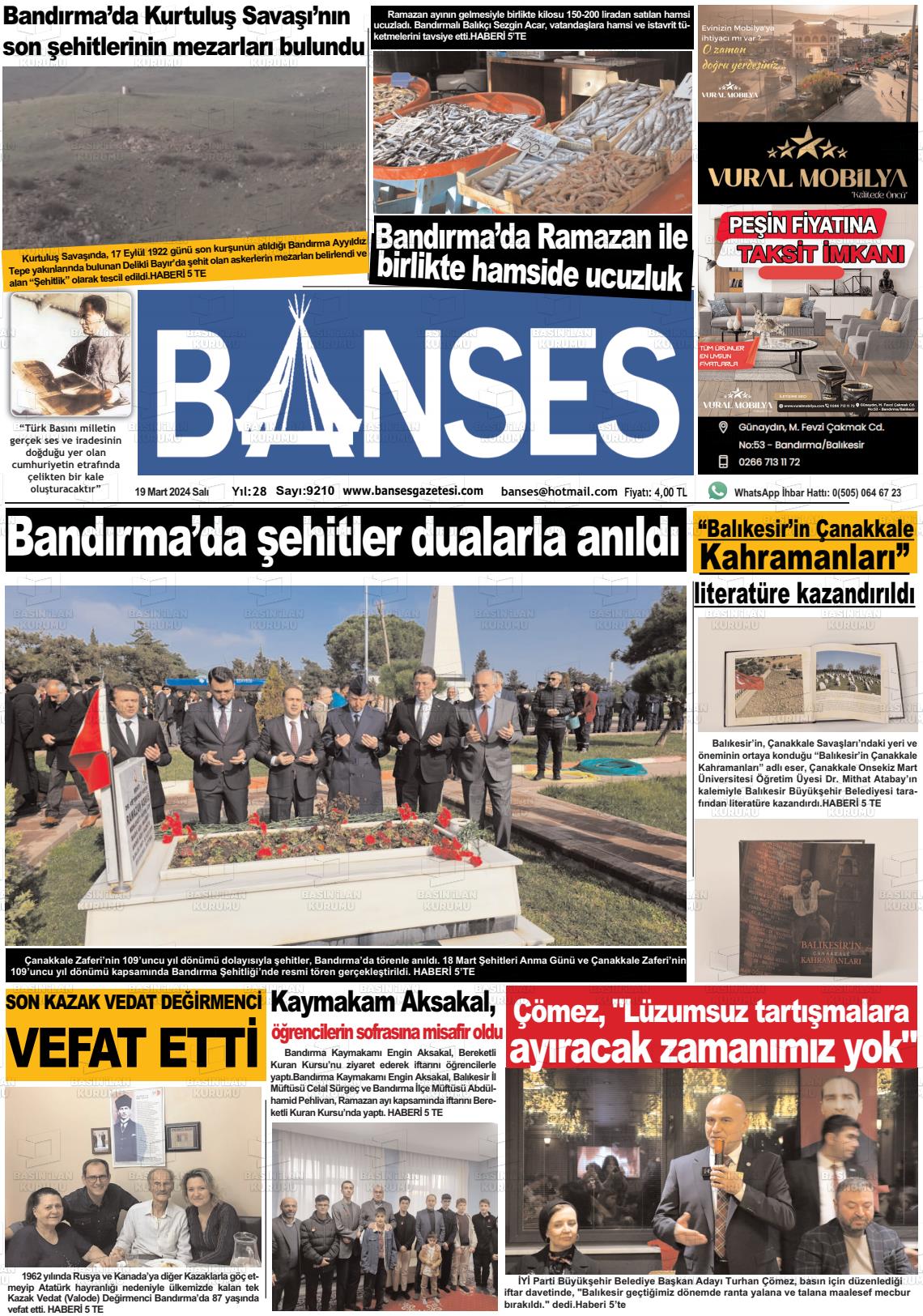 19 Mart 2024 Banses Gazete Manşeti