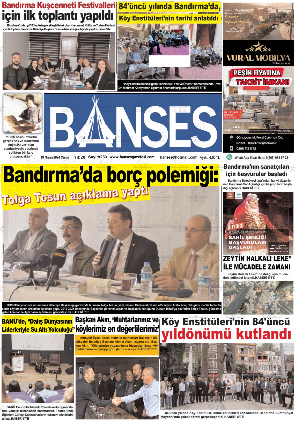 19 Nisan 2024 Banses Gazete Manşeti