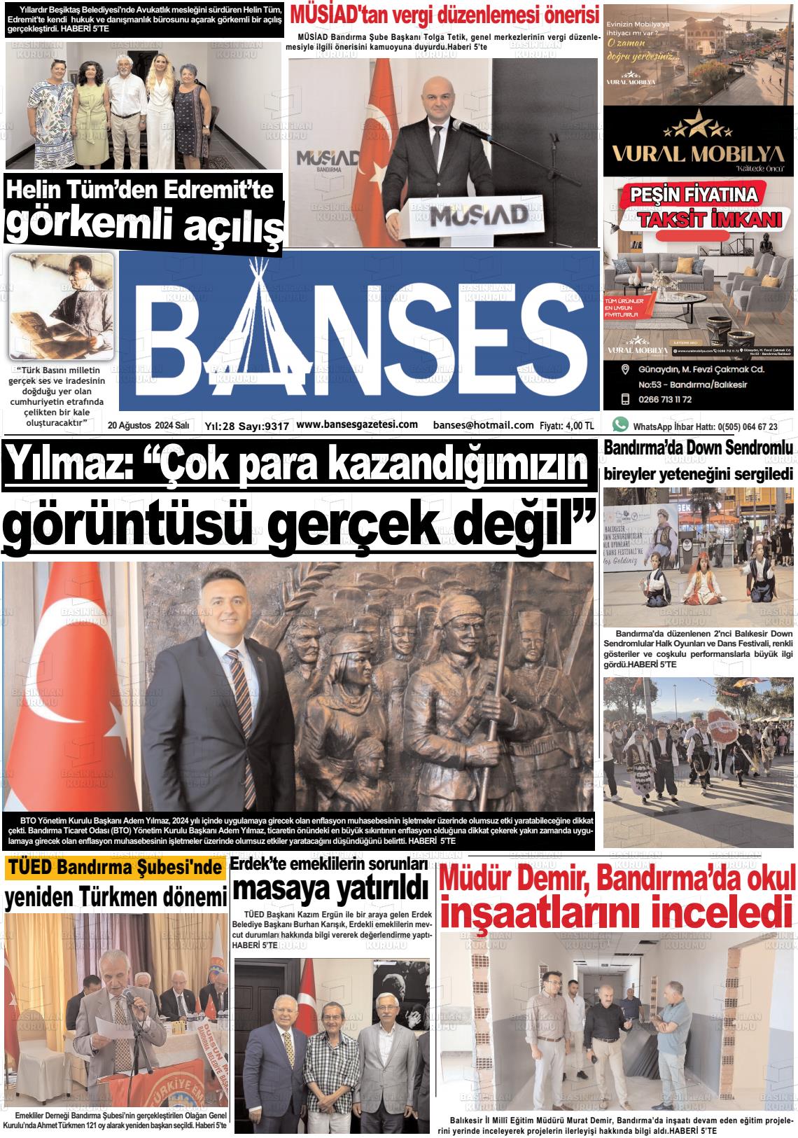 20 Ağustos 2024 Banses Gazete Manşeti