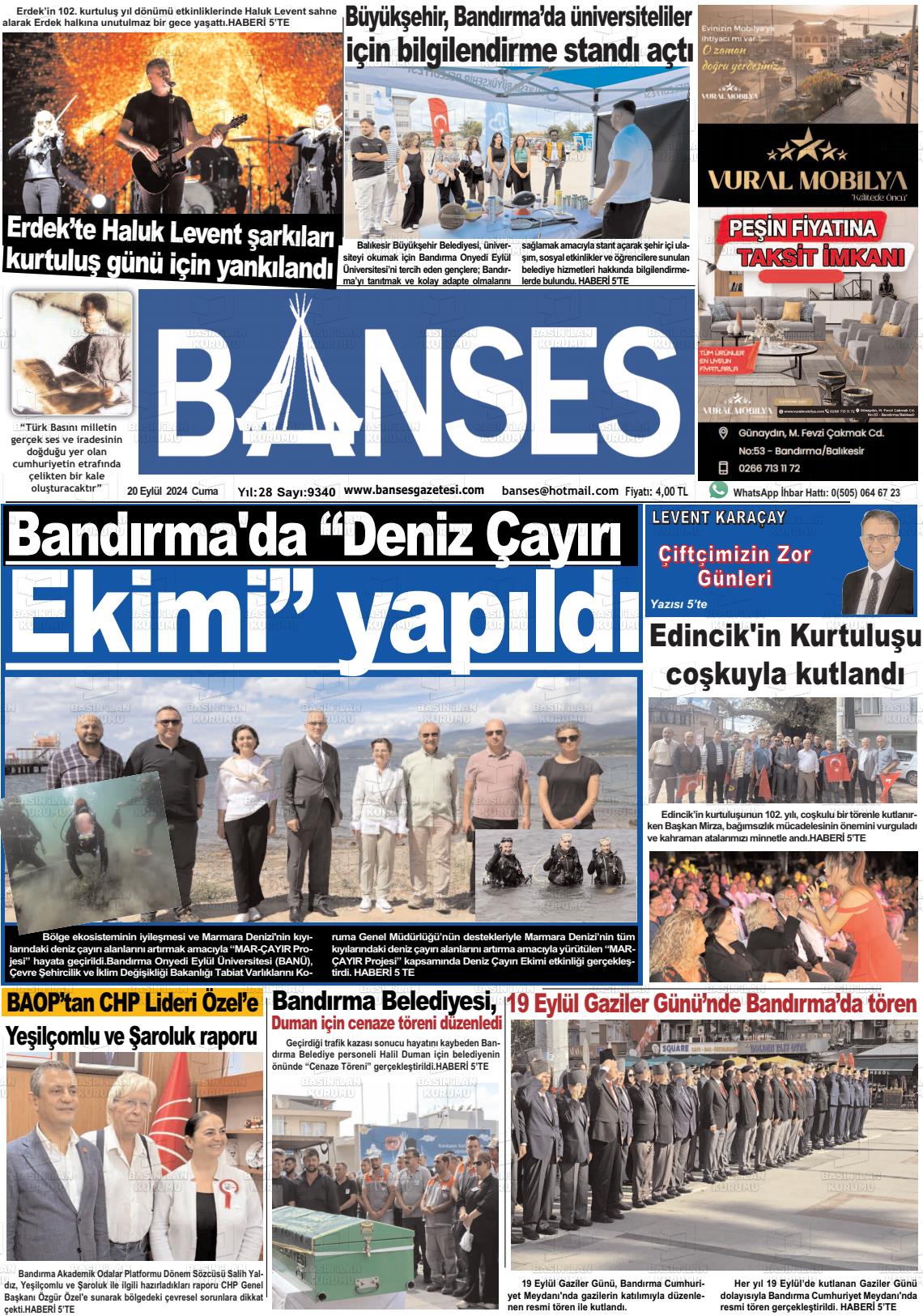 20 Eylül 2024 Banses Gazete Manşeti