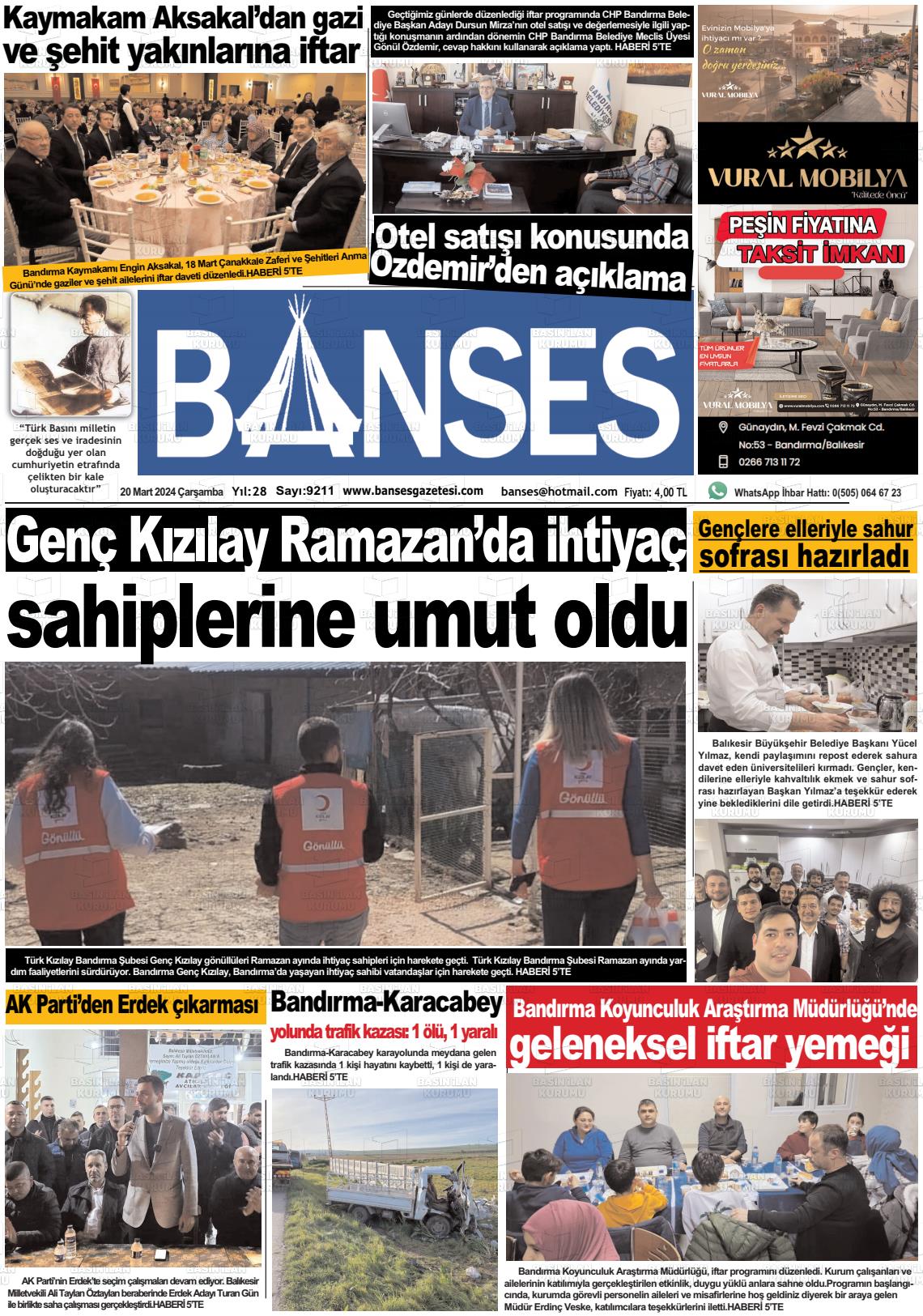 20 Mart 2024 Banses Gazete Manşeti