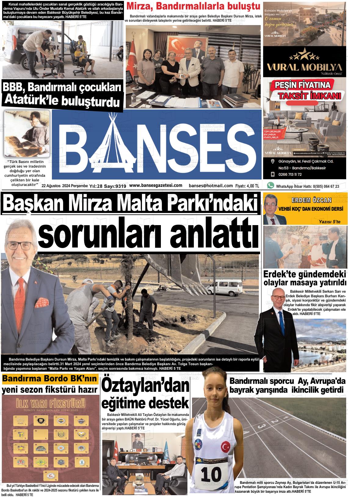 22 Ağustos 2024 Banses Gazete Manşeti