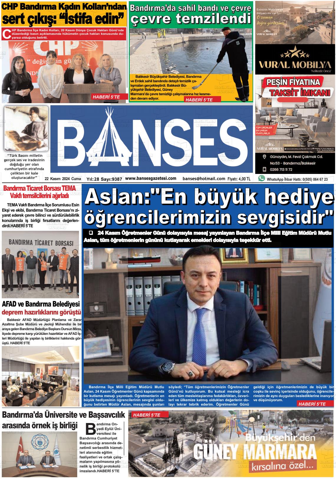 22 Kasım 2024 Banses Gazete Manşeti