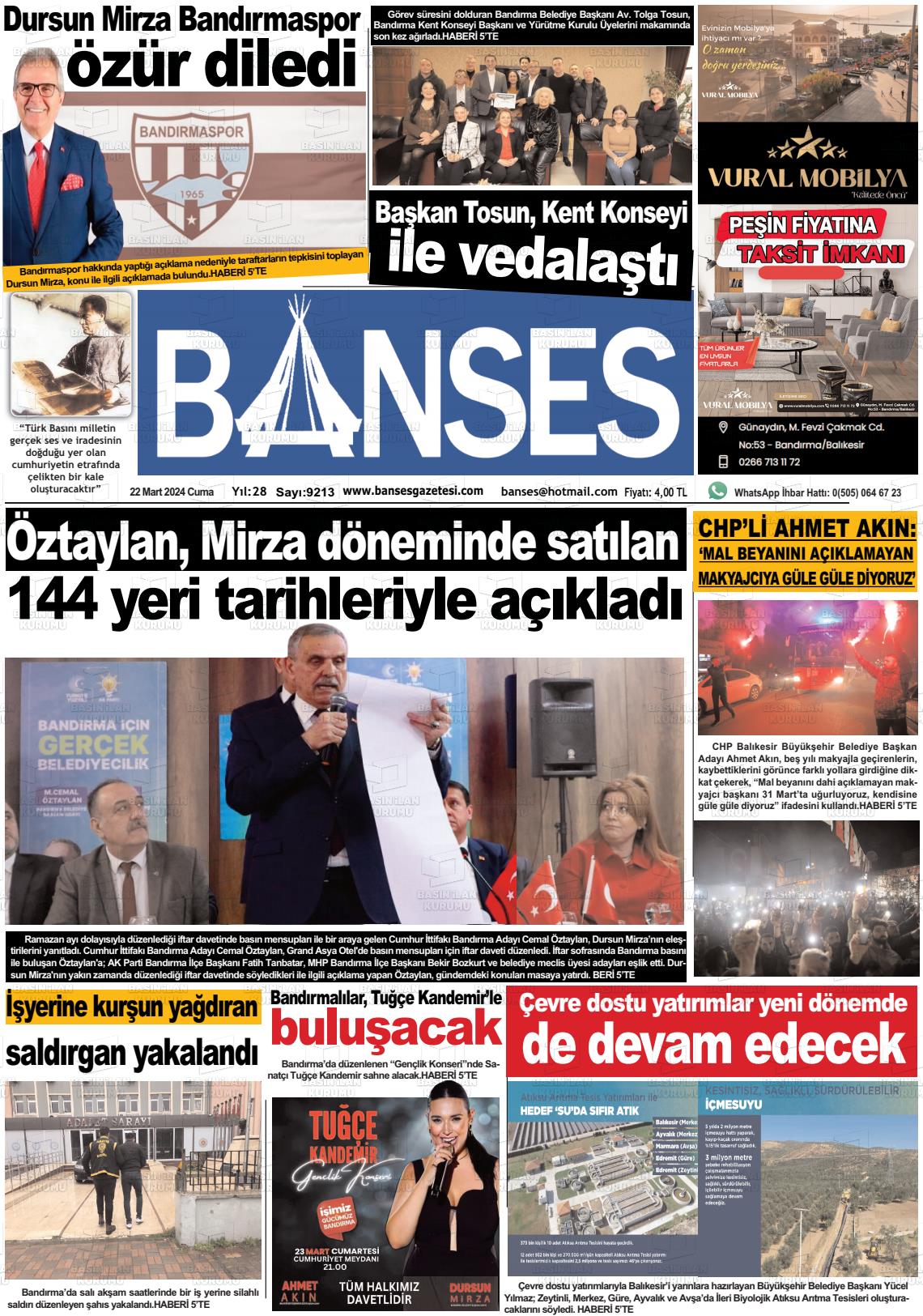 22 Mart 2024 Banses Gazete Manşeti